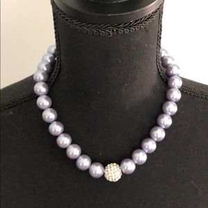 Blue/gray large beaded necklace w/bling bauble